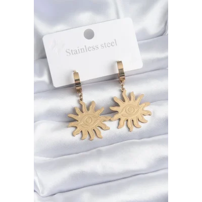BUĞZ 316L Çelik Gold Renk Güneş Model Göz İşleme Kadın Küpe