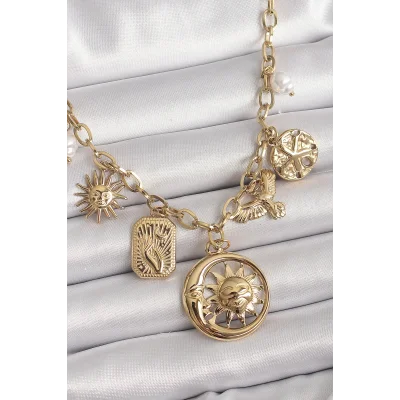 BUĞZ 316L Çelik Gold Renk Halka Zincir Sallantı Ay Güneş Figür Kuş Detay Kadın Kolye