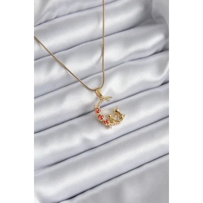 BUĞZ 316L Çelik Gold Renk Hilal Kedi Model Zirkon Taşlı Detay Kadın Kolye