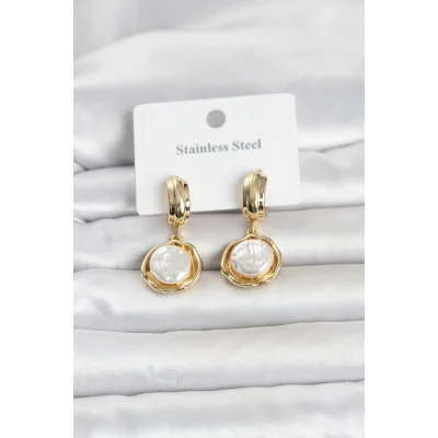 BUĞZ 316L Çelik Gold Renk İnci Detaylı Kadın Küpe