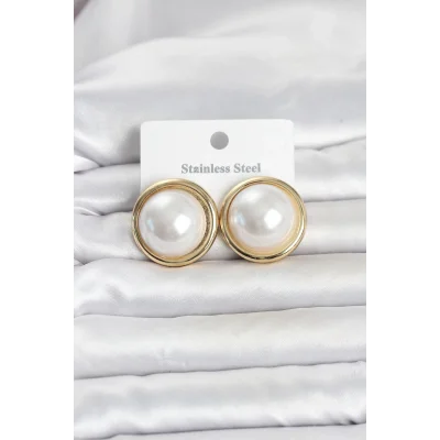 BUĞZ 316L Çelik Gold Renk İnci Model Vintage Kadın Küpe