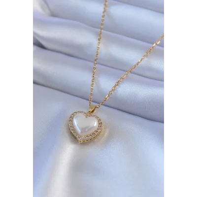 BUĞZ 316L Çelik Gold Renk İncili Kalp Model Zirkon Taşlı Kadın Kolye