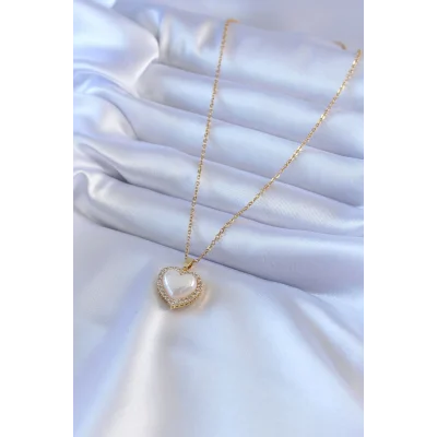 BUĞZ 316L Çelik Gold Renk İncili Kalp Model Zirkon Taşlı Kadın Kolye - Lisinya
