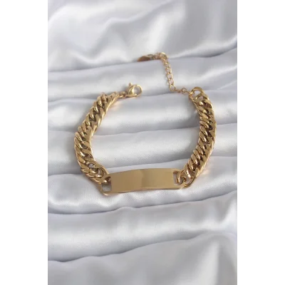 BUĞZ 316L Çelik Gold Renk İsim Yazılabilir Plaka Model Kadın Bileklik
