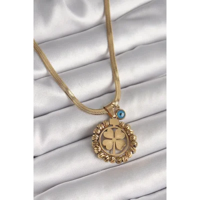 BUĞZ 316L Çelik Gold Renk İtalyan Zincir Dorika Yonca Model Nazar Boncuk Detay Kadın Kolye