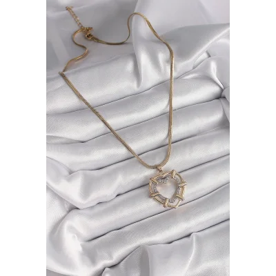 BUĞZ 316L Çelik Gold Renk İtalyan Zincir Mix Renk Zirkon Taşlı Kalp Model Kadın Kolye - BUĞZ