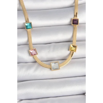 BUĞZ 316L Çelik Gold Renk İtalyan Zincir Model Kare Renkli Zirkon Taşlı Kadın Kolye