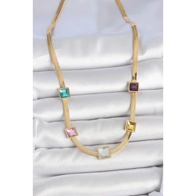 BUĞZ 316L Çelik Gold Renk İtalyan Zincir Model Kare Renkli Zirkon Taşlı Kadın Kolye - BUĞZ