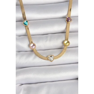 BUĞZ 316L Çelik Gold Renk İtalyan Zincir Renkli Zirkon Taşlı Kalp Figür Kadın Kolye