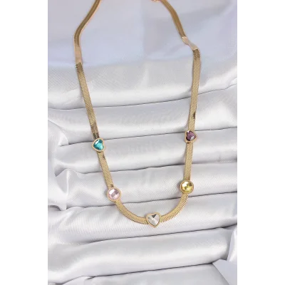 BUĞZ 316L Çelik Gold Renk İtalyan Zincir Renkli Zirkon Taşlı Kalp Figür Kadın Kolye - BUĞZ