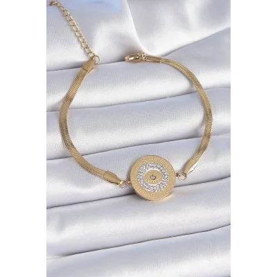 BUĞZ 316L Çelik Gold Renk İtalyan Zincir Zirkon Taşlı Göz İşlemeli Madalyon Model Kadın Bileklik