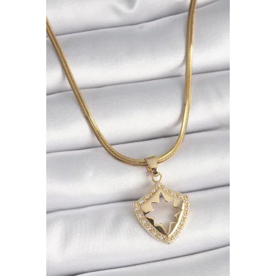 BUĞZ 316L Çelik Gold Renk İtalyan Zincir Zirkon Taşlı Kutup Yıldız İşleme Kadın Kolye