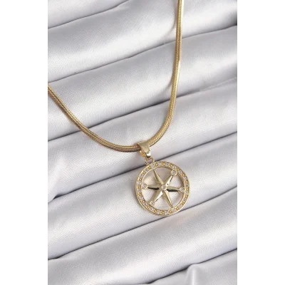 BUĞZ 316L Çelik Gold Renk İtalyan Zincir Zirkon Taşlı Kutup Yıldız Model Kadın Kolye