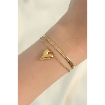 BUĞZ 316L Çelik Gold Renk İtalyan Zincirli Kalp Model Bileklik - Lisinya