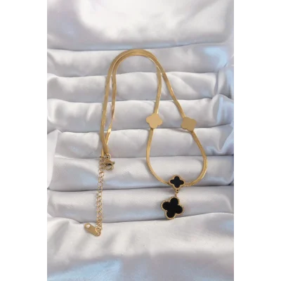 BUĞZ 316L Çelik Gold Renk İtalyan Zincirli Mineli Yonca Kolye - Lisinya