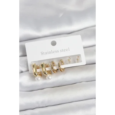 BUĞZ 316L Çelik Gold Renk Kadın Küpe Seti
