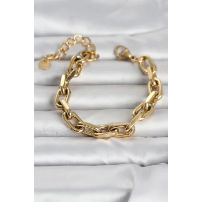 BUĞZ 316L Çelik Gold Renk Kalın Zincirli Kadın Bileklik