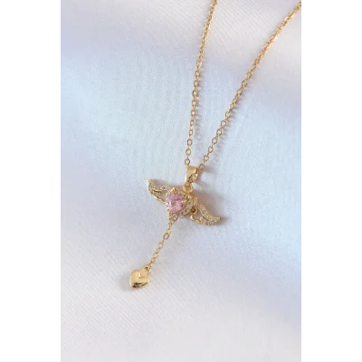 BUĞZ 316L Çelik Gold Renk Kanatlı Kalp Model Zirkon Taş Detay Kadın Kolye