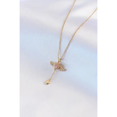 BUĞZ 316L Çelik Gold Renk Kanatlı Kalp Model Zirkon Taş Detay Kadın Kolye - Lisinya