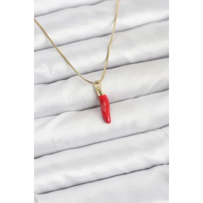 BUĞZ 316L Çelik Gold Renk Kapya Kırmızı Biber Model Kadın Kolye