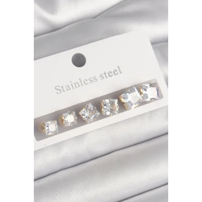BUĞZ 316L Çelik Gold Renk Kare Zirkon Taş Model Kadın Küpe Seti