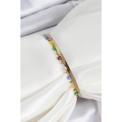 BUĞZ 316L Çelik Gold Renk Karışık Renkli Kristal Taşlı Kadın Bileklik - Lisinya