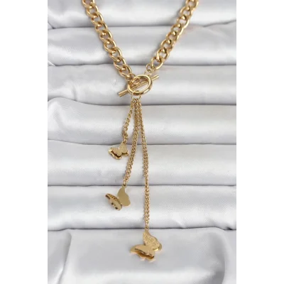 BUĞZ 316L Çelik Gold Renk Kelebek Sallantılı Kadın Kolye