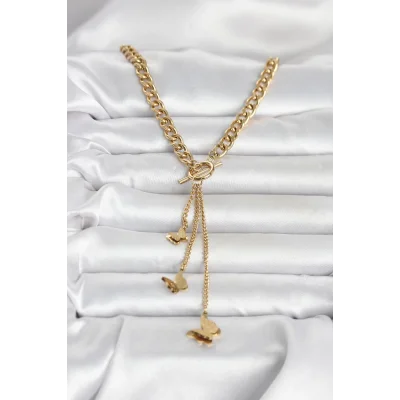 BUĞZ 316L Çelik Gold Renk Kelebek Sallantılı Kadın Kolye - BUĞZ