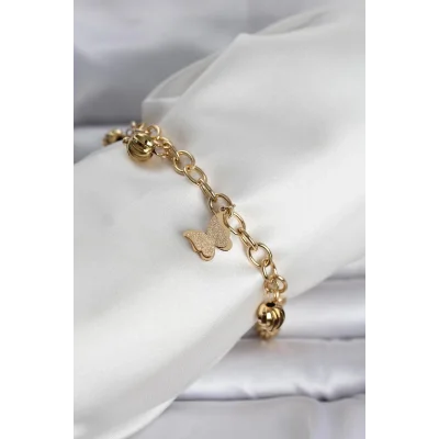 BUĞZ 316L Çelik Gold Renk Kelebek ve Dorikalı Kadın Bileklik