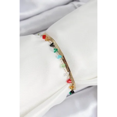 BUĞZ 316L Çelik Gold Renk Kristal Karışık Renkli Taşlı 2li Kadın Bileklik - BUĞZ