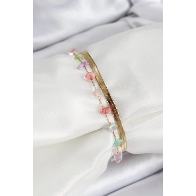 BUĞZ 316L Çelik Gold Renk Kristal Karışık Renkli Taşlı Kadın Bileklik - Lisinya