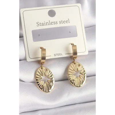 BUĞZ 316L Çelik Gold Renk Kutup Yıldız İşleme Kadın Küpe