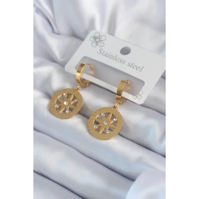 BUĞZ 316L Çelik Gold Renk Kutup Yıldızı Model İşleme Detay Zirkon Taşlı Kadın Küpe
