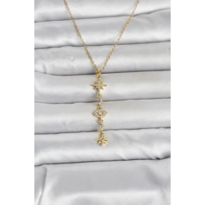 BUĞZ 316L Çelik Gold Renk Kutup Yıldızı Y Model Zirkon Taşlı Kadın Kolye