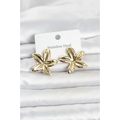 BUĞZ 316L Çelik Gold Renk Lotus Çiçeği Model Kadın Küpe