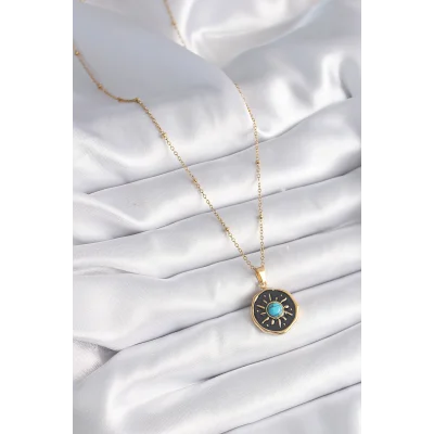 BUĞZ 316L Çelik Gold Renk Mavi Boncuk Güneş İşleme Madalyon Model Kadın Kolye - BUĞZ