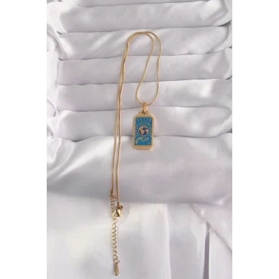 BUĞZ 316L Çelik Gold Renk Mavi Mineli El Figür Tarot Kolye - Lisinya