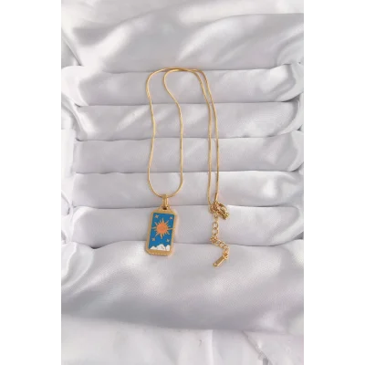 BUĞZ 316L Çelik Gold Renk Mavi Mineli Güneş Model Tarot Kolye - Lisinya