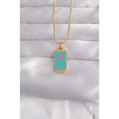 BUĞZ 316L Çelik Gold Renk Mavi Mineli Tarot Kolye