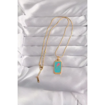 BUĞZ 316L Çelik Gold Renk Mavi Mineli Tarot Kolye - Lisinya
