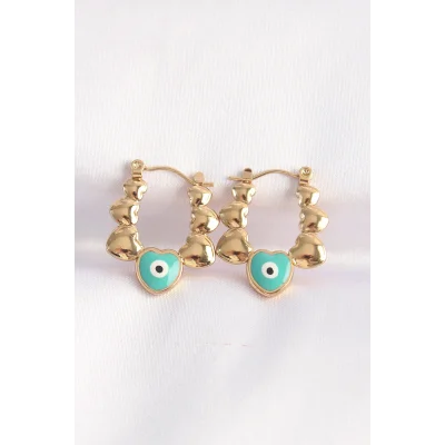 BUĞZ 316L Çelik Gold Renk Mavi Nazarlı Kalpli Model Küpe