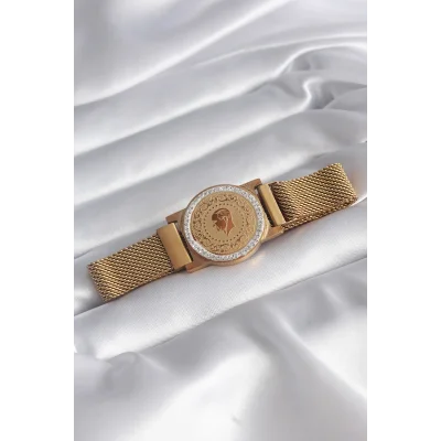 BUĞZ 316L Çelik Gold Renk Mıknatıslı Hasır Zirkon Taşlı Çeyrek Altın Model Kadın Bileklik