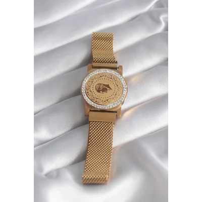 BUĞZ 316L Çelik Gold Renk Mıknatıslı Hasır Zirkon Taşlı Çeyrek Altın Model Kadın Bileklik - Lisinya