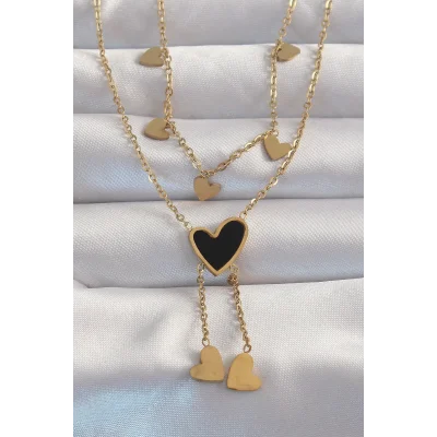 BUĞZ 316L Çelik Gold Renk Mineli Çoklu Kalp Kolye