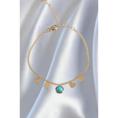 BUĞZ 316L Çelik Gold Renk Minimal Kalpli Mavi Taş Detaylı Bileklik - Lisinya