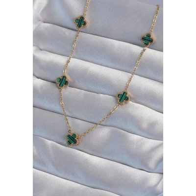 BUĞZ 316L Çelik Gold Renk Minimal Yeşil Mineli Yonca Kolye