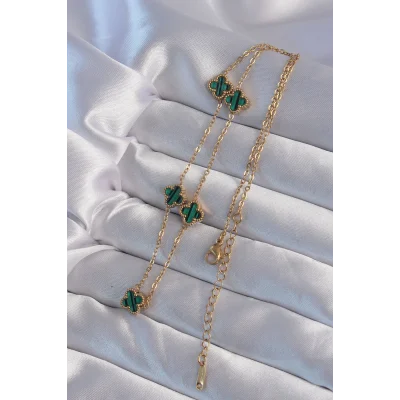 BUĞZ 316L Çelik Gold Renk Minimal Yeşil Mineli Yonca Kolye - Lisinya