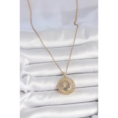 BUĞZ 316L Çelik Gold Renk Mix Renk Ay Güneş Model Kadın Kolye - BUĞZ