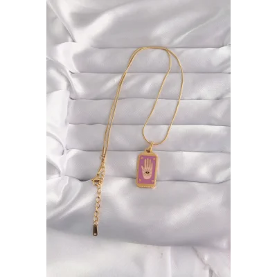 BUĞZ 316L Çelik Gold Renk Mor Mineli El Figür Tarot Kolye - Lisinya