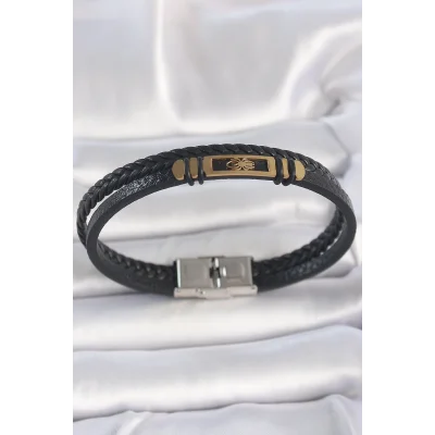 BUĞZ 316L Çelik Gold Renk Örümcek Figür Çift Sıra Burgu Desenli Deri Kordon Erkek Bileklik